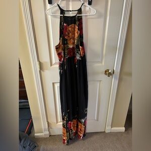 Floral Halter Maxi Dress - Black with Orange & Red Blooms